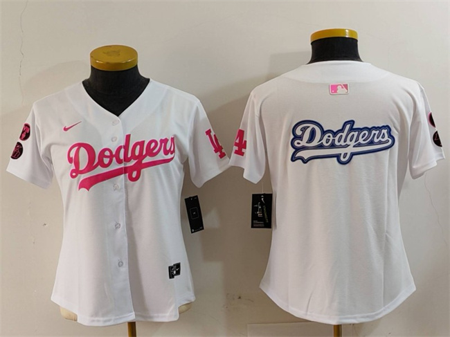Youth Los Angeles Dodgers Team Big Logo White/Pink Vin & Kobe Patch Stitched Baseball Jersey Youth Los Angeles Dodgers Team Big Logo White/Pink Vin & Kobe Patch Stitched Baseball Jersey